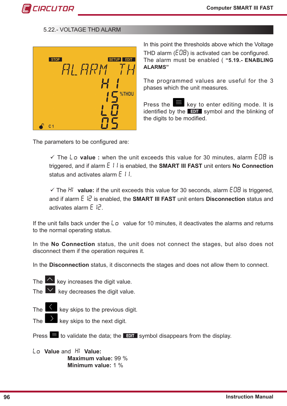 Voltage thd alarm | CIRCUTOR computer SMART III-Fast Series User Manual | Page 96 / 108