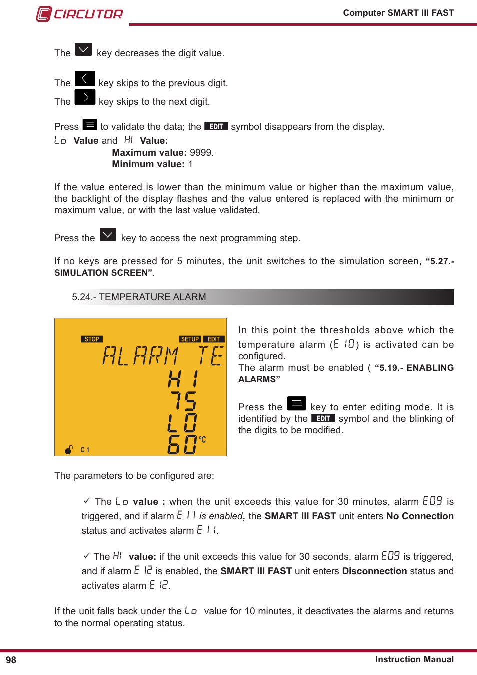 Temperature alarm | CIRCUTOR computer SMART III-Fast Series User Manual | Page 98 / 108