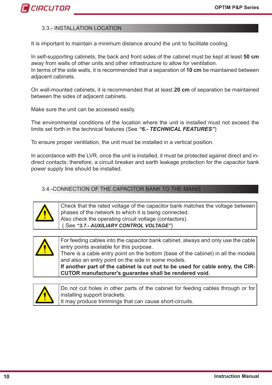 Installation location, Connection of the capacitor bank to the mains | CIRCUTOR OPTIM P&P Series User Manual | Page 10 / 36