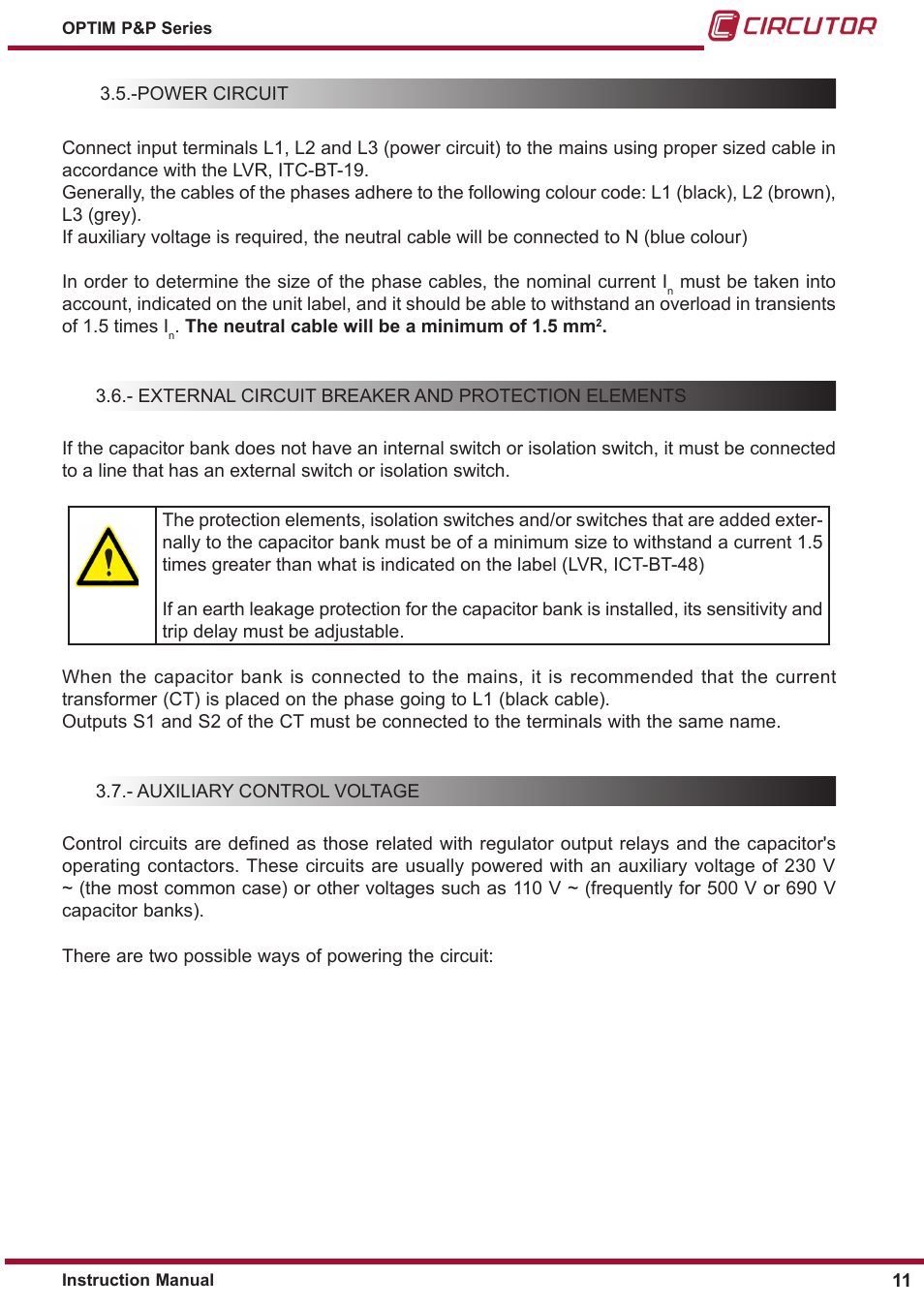 Power circuit, External circuit breaker and protection elements, Auxiliary control voltage | CIRCUTOR OPTIM P&P Series User Manual | Page 11 / 36