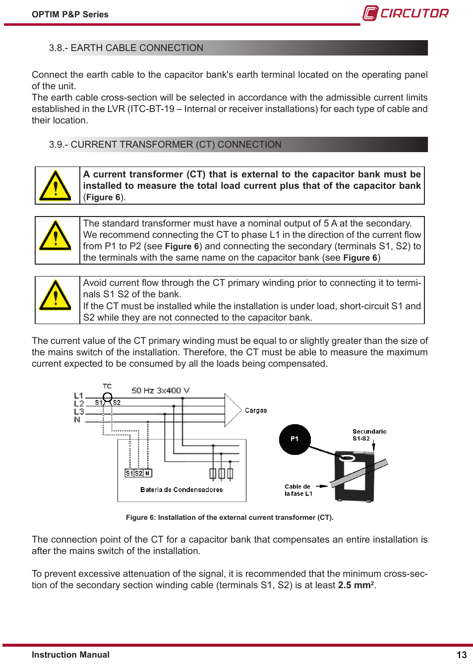 Earth cable connection, Current transformer (ct) connection | CIRCUTOR OPTIM P&P Series User Manual | Page 13 / 36