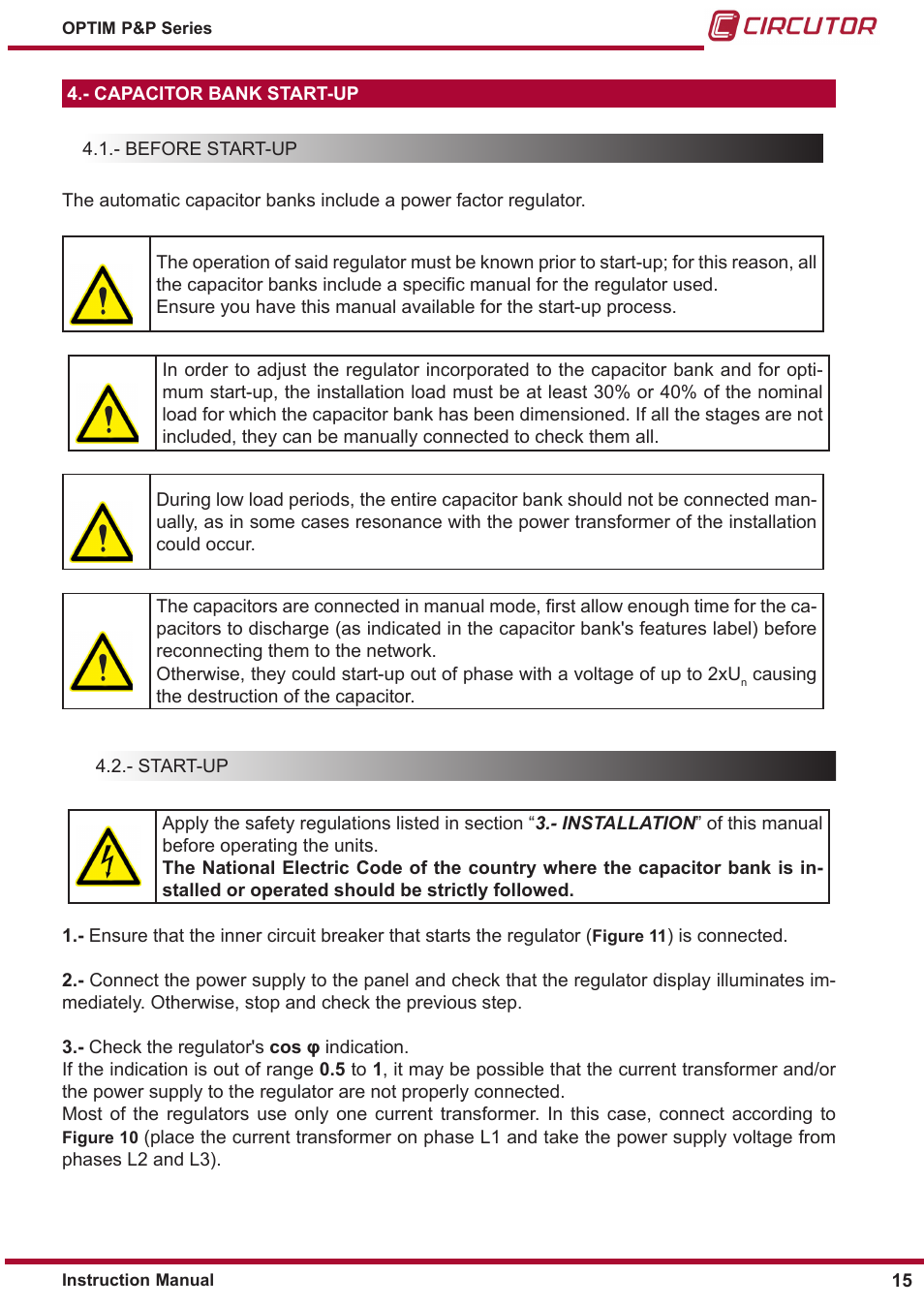 Capacitor bank start-up, Before start-up, Start-up | CIRCUTOR OPTIM P&P Series User Manual | Page 15 / 36