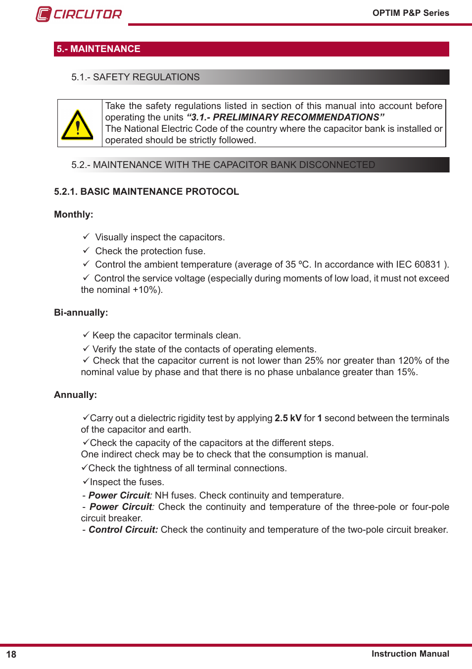 Basic maintenance protocol, Maintenance, Safety regulations | Maintenance with the capacitor bank disconnected | CIRCUTOR OPTIM P&P Series User Manual | Page 18 / 36