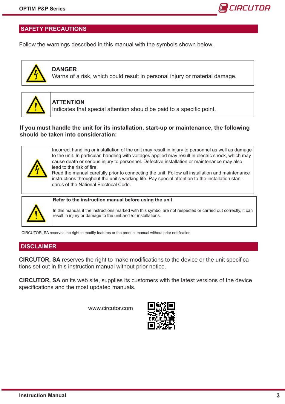 Safety precautions, Disclaimer | CIRCUTOR OPTIM P&P Series User Manual | Page 3 / 36