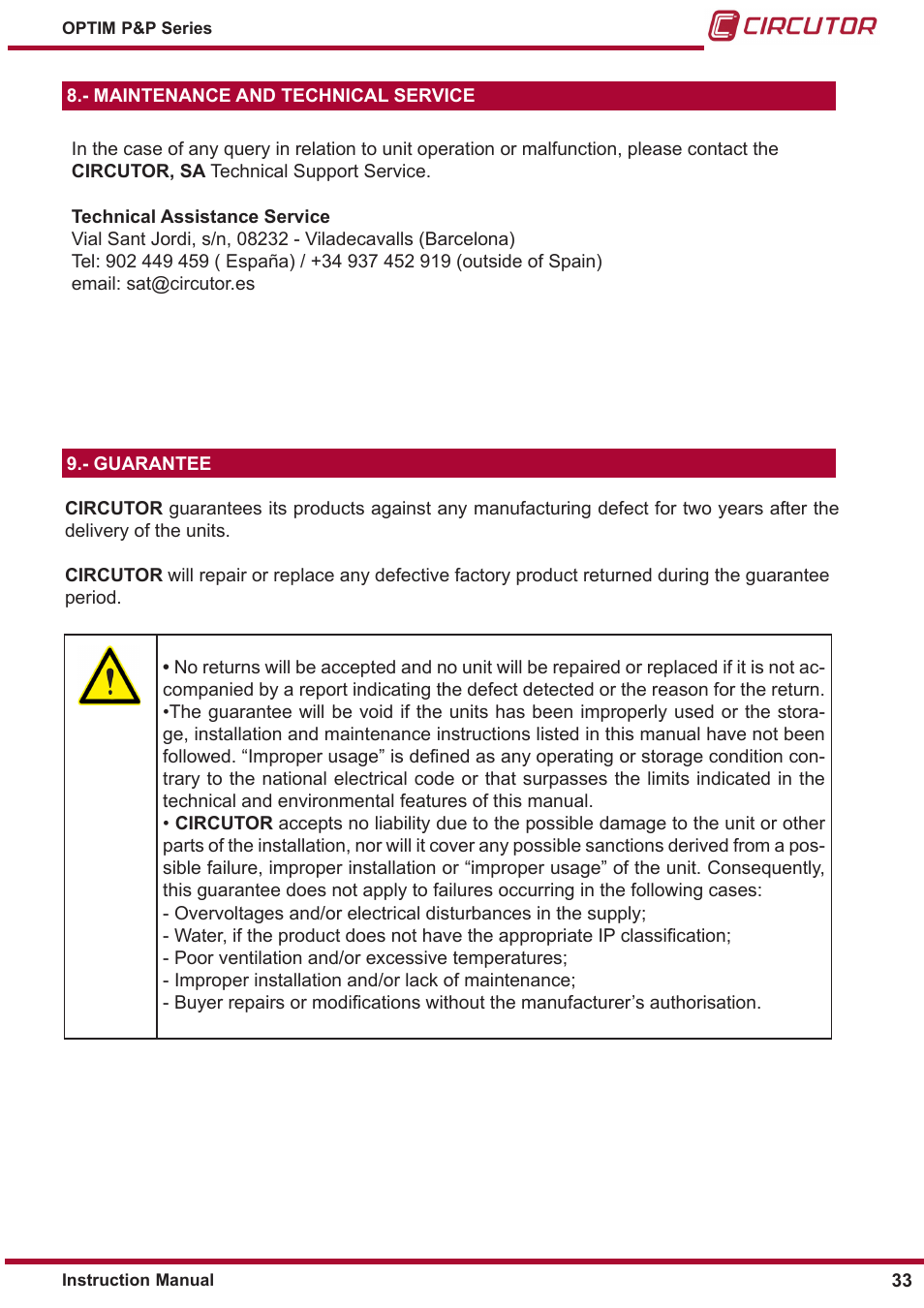 Maintenance and technical service, Guarantee | CIRCUTOR OPTIM P&P Series User Manual | Page 33 / 36