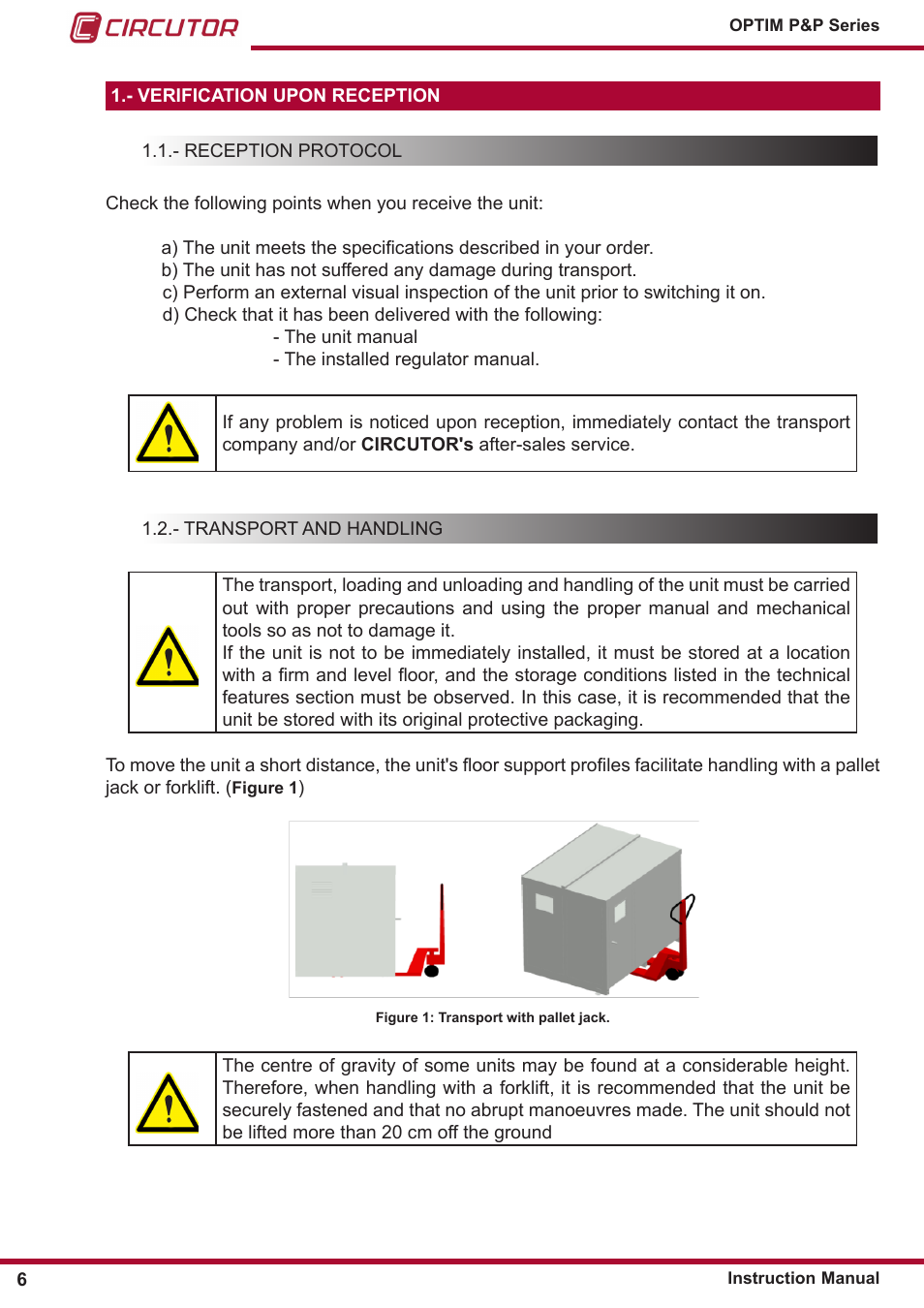 Verification upon reception, Reception protocol, Transport and handling | CIRCUTOR OPTIM P&P Series User Manual | Page 6 / 36