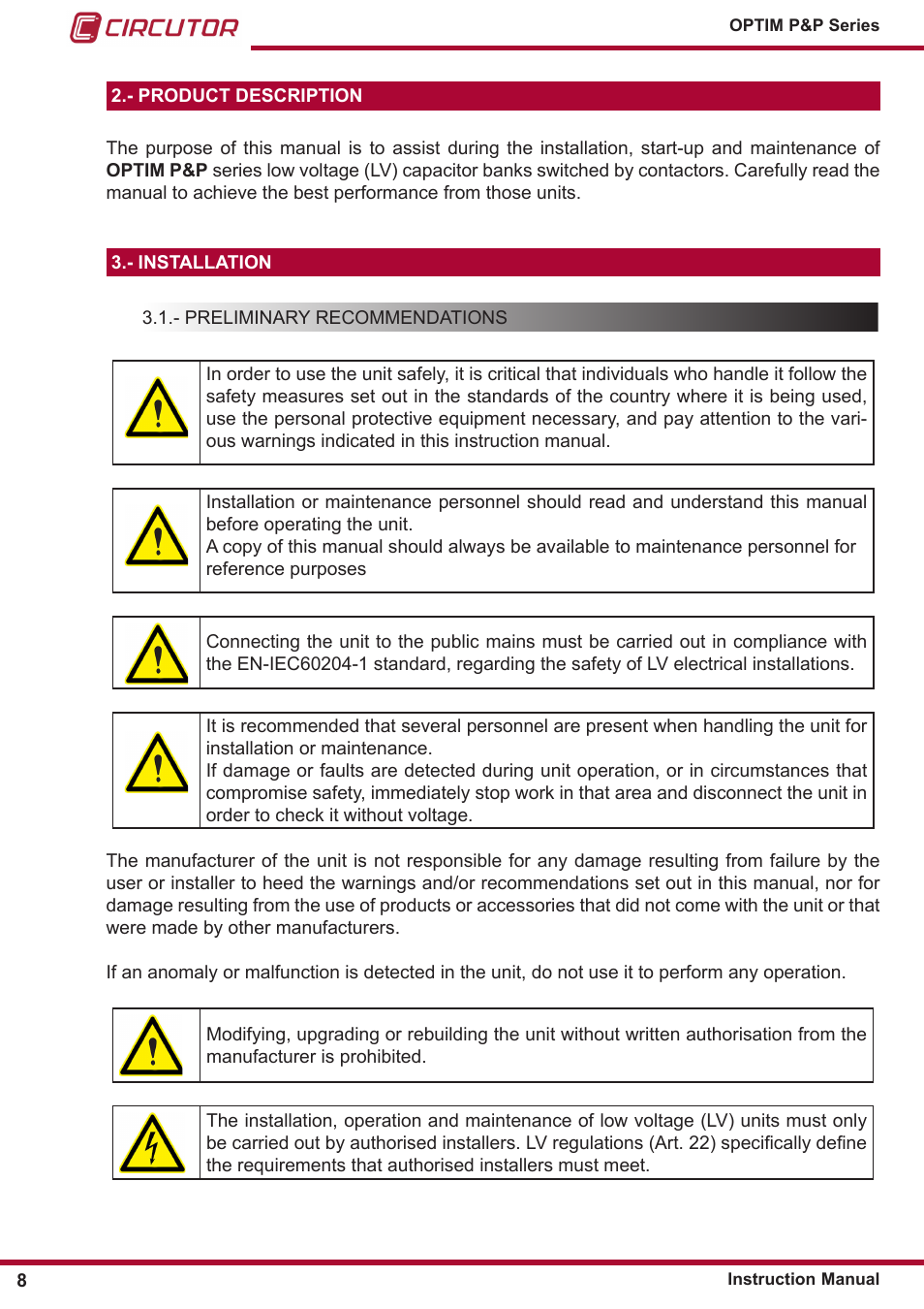 Product description, Installation, Preliminary recommendations | CIRCUTOR OPTIM P&P Series User Manual | Page 8 / 36