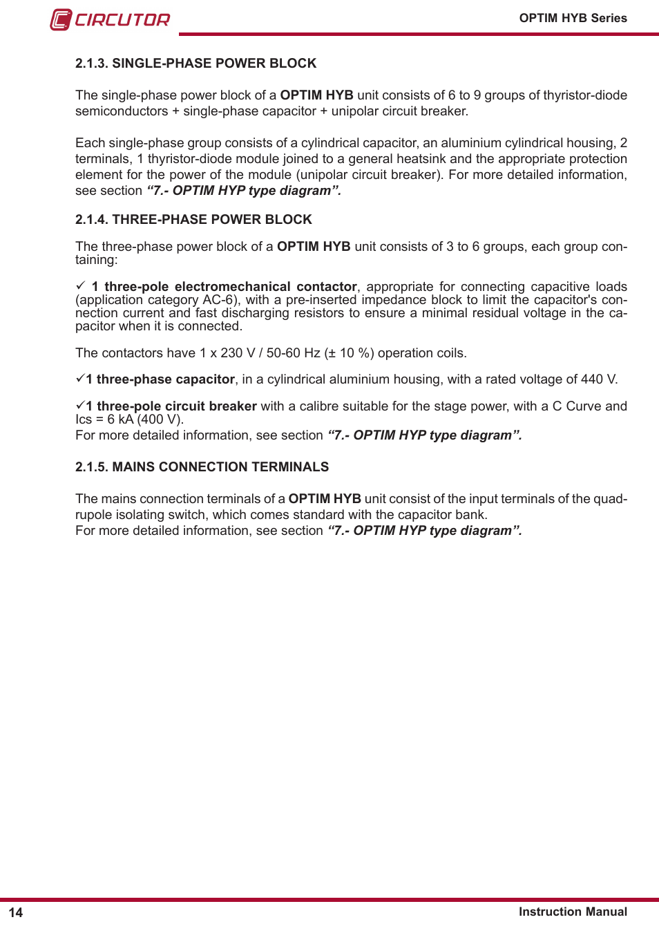 Single-phase power block, Three-phase power block, Mains connection terminals | CIRCUTOR OPTIM HYB Series User Manual | Page 14 / 36