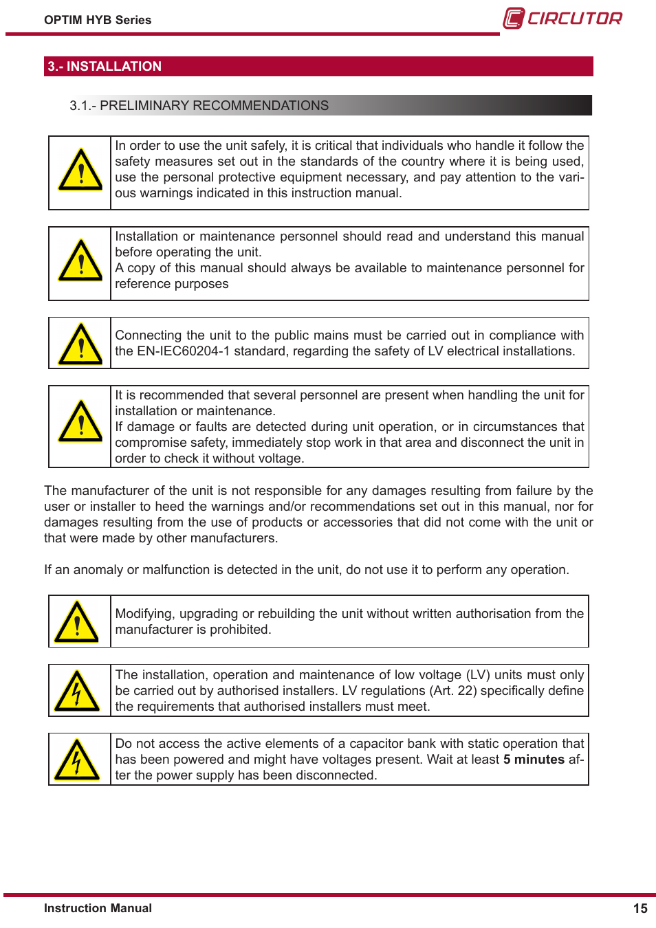 Installation, Preliminary recommendations, Maintenance with the cap | CIRCUTOR OPTIM HYB Series User Manual | Page 15 / 36