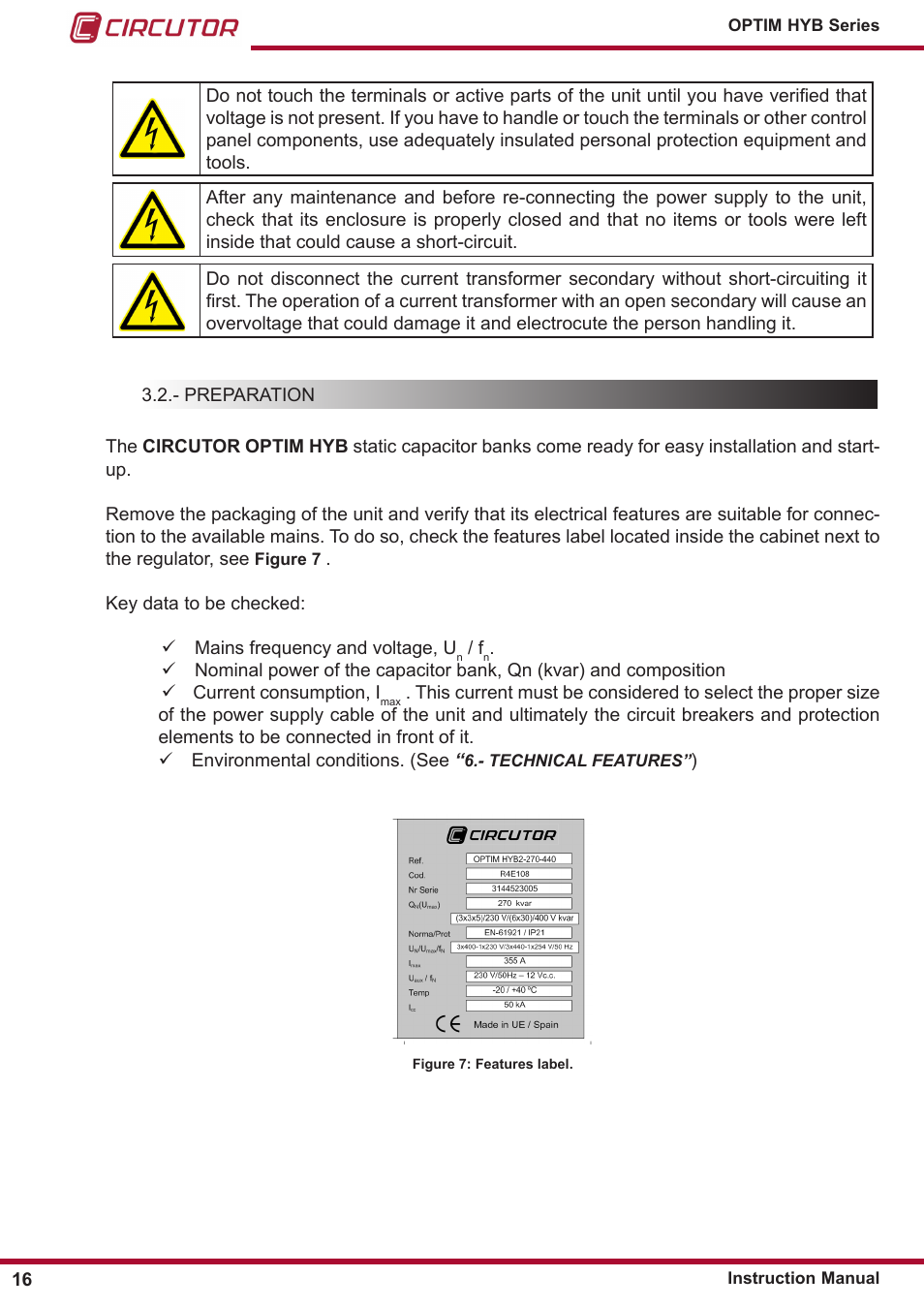 Preparation | CIRCUTOR OPTIM HYB Series User Manual | Page 16 / 36