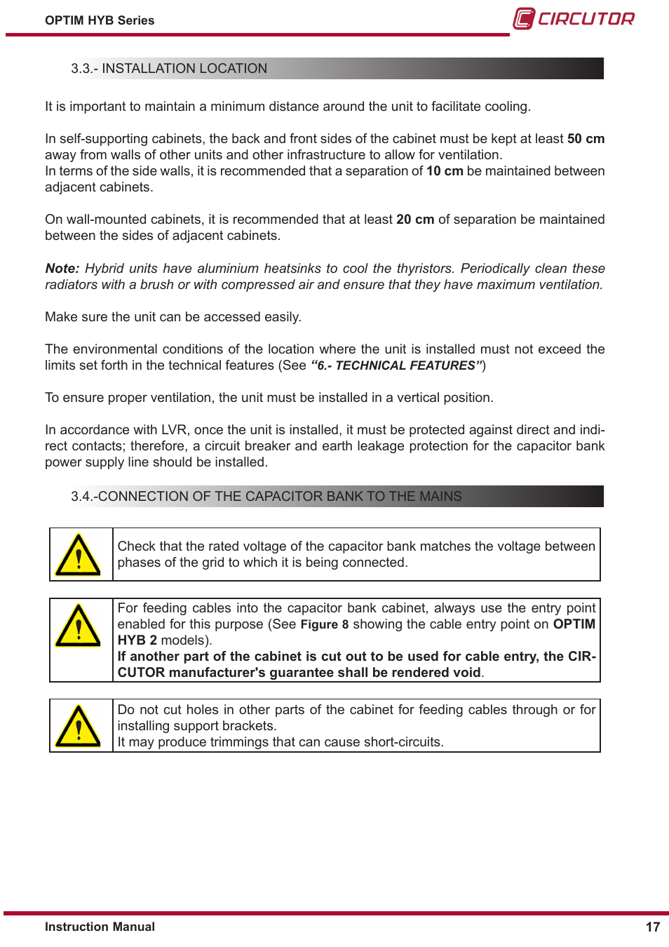 Installation location, Connection of the capacitor bank to the mains | CIRCUTOR OPTIM HYB Series User Manual | Page 17 / 36