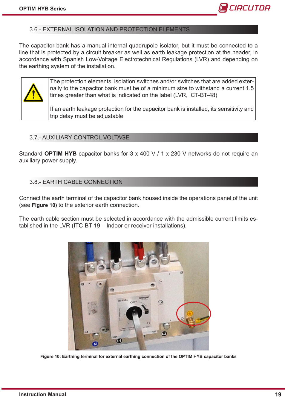 External isolation and protection elements, Auxiliary control voltage, Earth cable connection | CIRCUTOR OPTIM HYB Series User Manual | Page 19 / 36