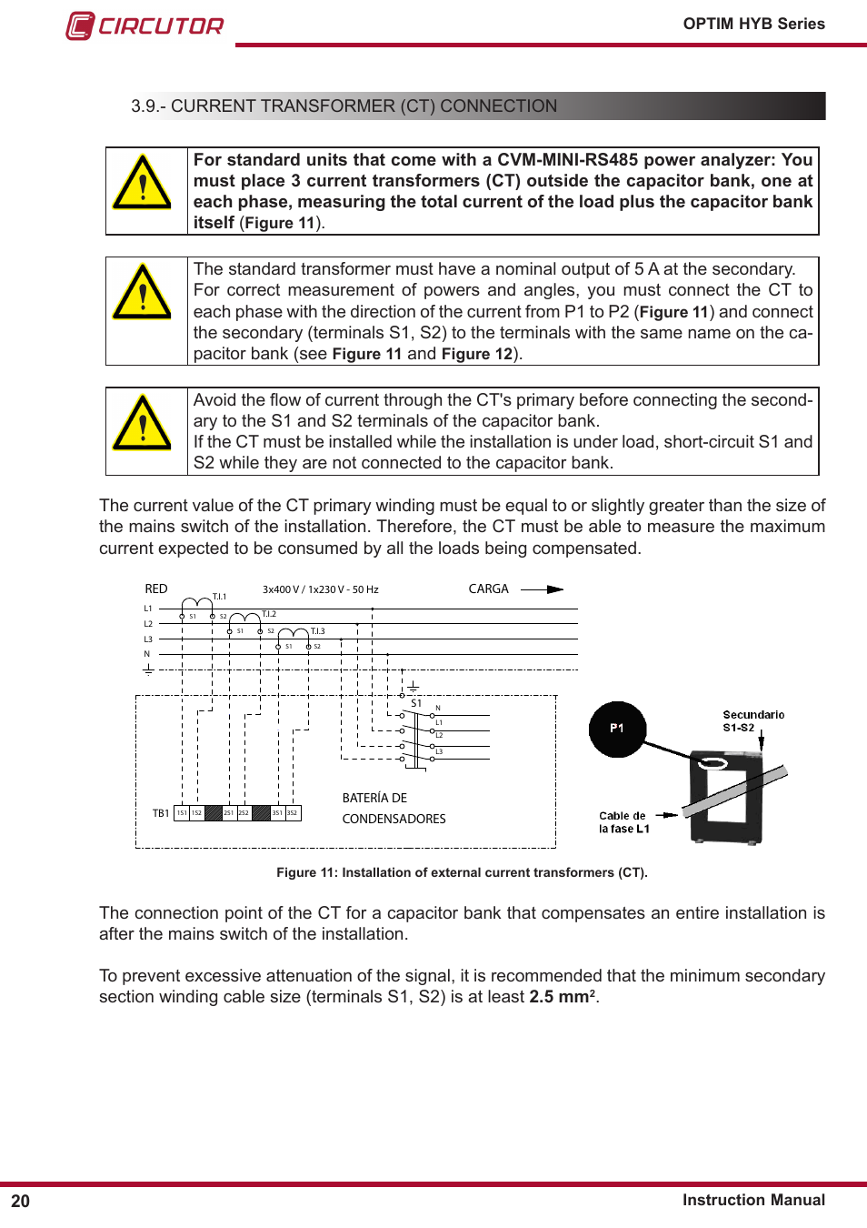 Current transformer (ct) connection | CIRCUTOR OPTIM HYB Series User Manual | Page 20 / 36