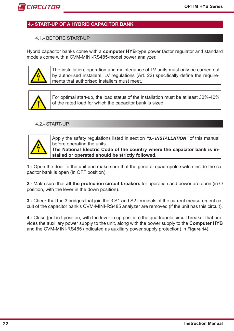 Start-up of a hybrid capacitor bank, Before start-up, Start-up | CIRCUTOR OPTIM HYB Series User Manual | Page 22 / 36