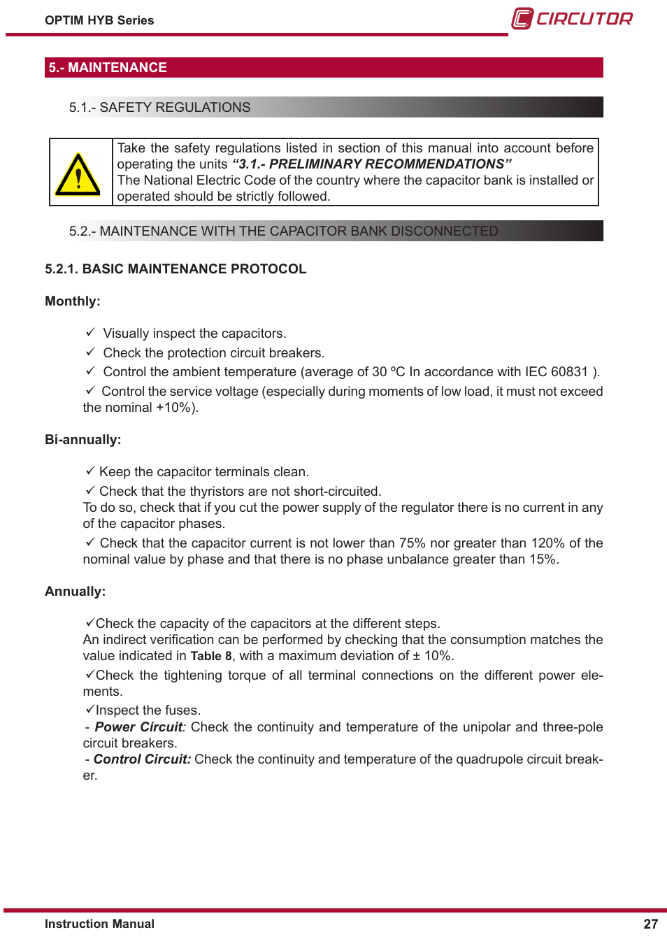 Basic maintenance protocol, Maintenance, Safety regulations | Maintenance with the capacitor bank disconnected | CIRCUTOR OPTIM HYB Series User Manual | Page 27 / 36