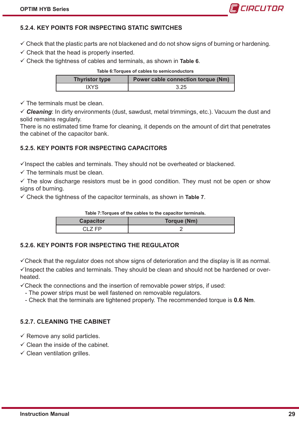 Cleaning the cabinet, Key points for inspecting the regulator, Key points for inspecting capacitors | Key points for inspecting static switches | CIRCUTOR OPTIM HYB Series User Manual | Page 29 / 36