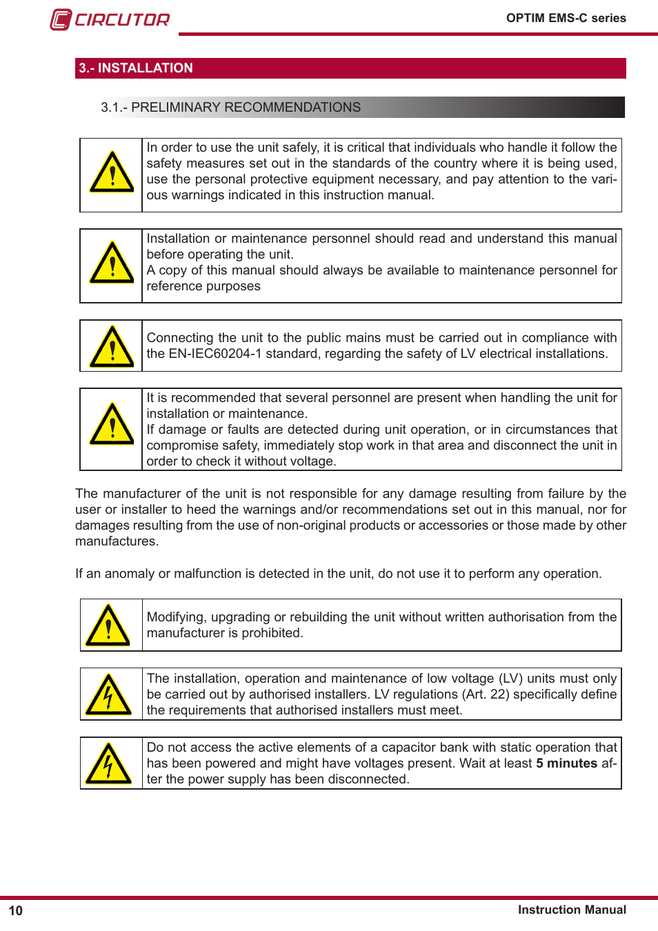 Preliminary recommendations | CIRCUTOR OPTIM-EMS-C Series User Manual | Page 10 / 28