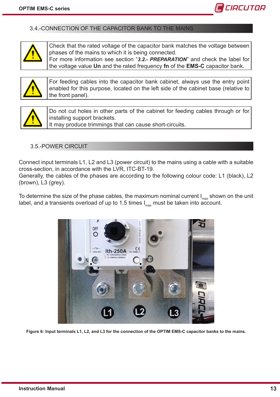 Connection of the capacitor bank to the mains, Power circuit | CIRCUTOR OPTIM-EMS-C Series User Manual | Page 13 / 28