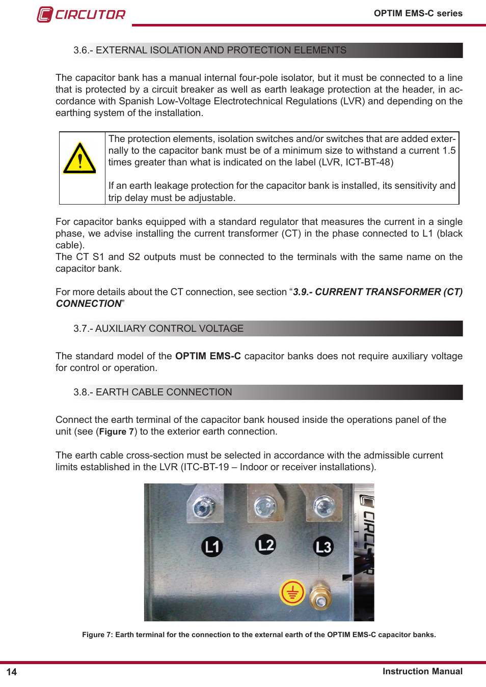 External isolation and protection elements, Auxiliary control voltage, Earth cable connection | CIRCUTOR OPTIM-EMS-C Series User Manual | Page 14 / 28