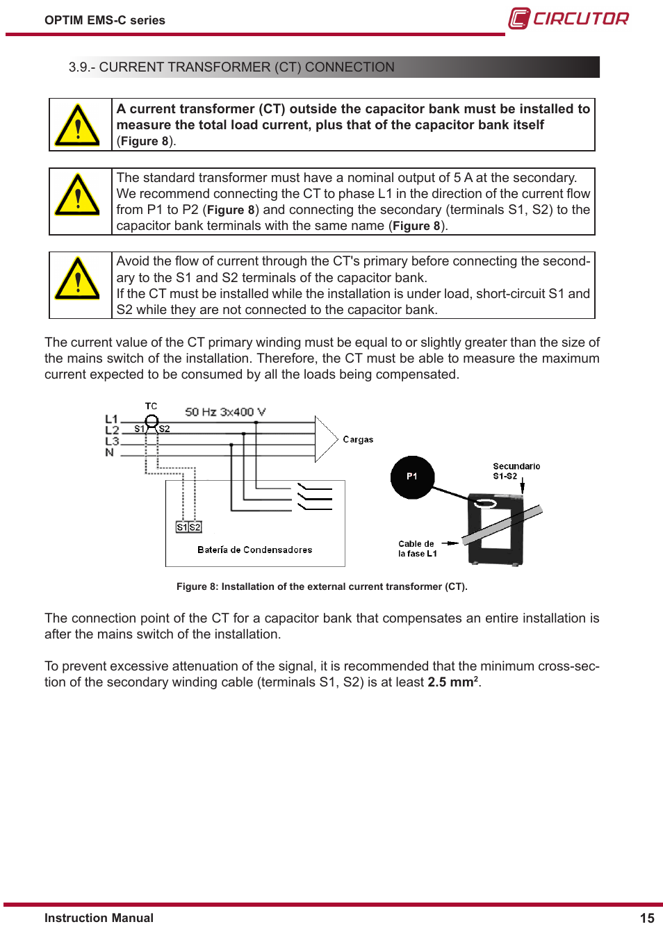 Current transformer (ct) connection, Section, Current transformer (ct) | Connection | CIRCUTOR OPTIM-EMS-C Series User Manual | Page 15 / 28
