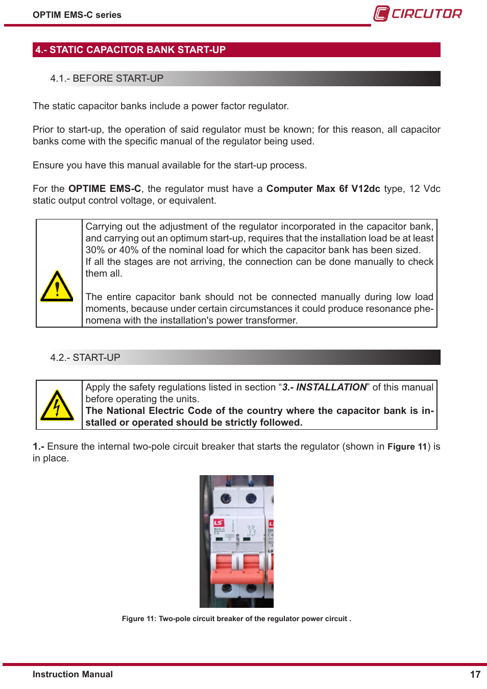 Static capacitor bank start-up, Before start-up, Start-up | CIRCUTOR OPTIM-EMS-C Series User Manual | Page 17 / 28