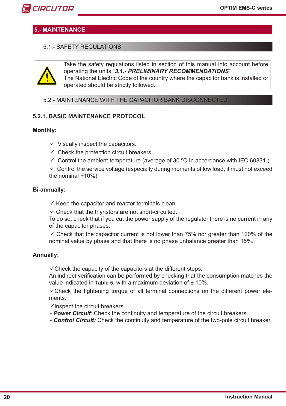 Basic maintenance protocol, Maintenance, Safety regulations | Maintenance with the capacitor bank disconnected | CIRCUTOR OPTIM-EMS-C Series User Manual | Page 20 / 28