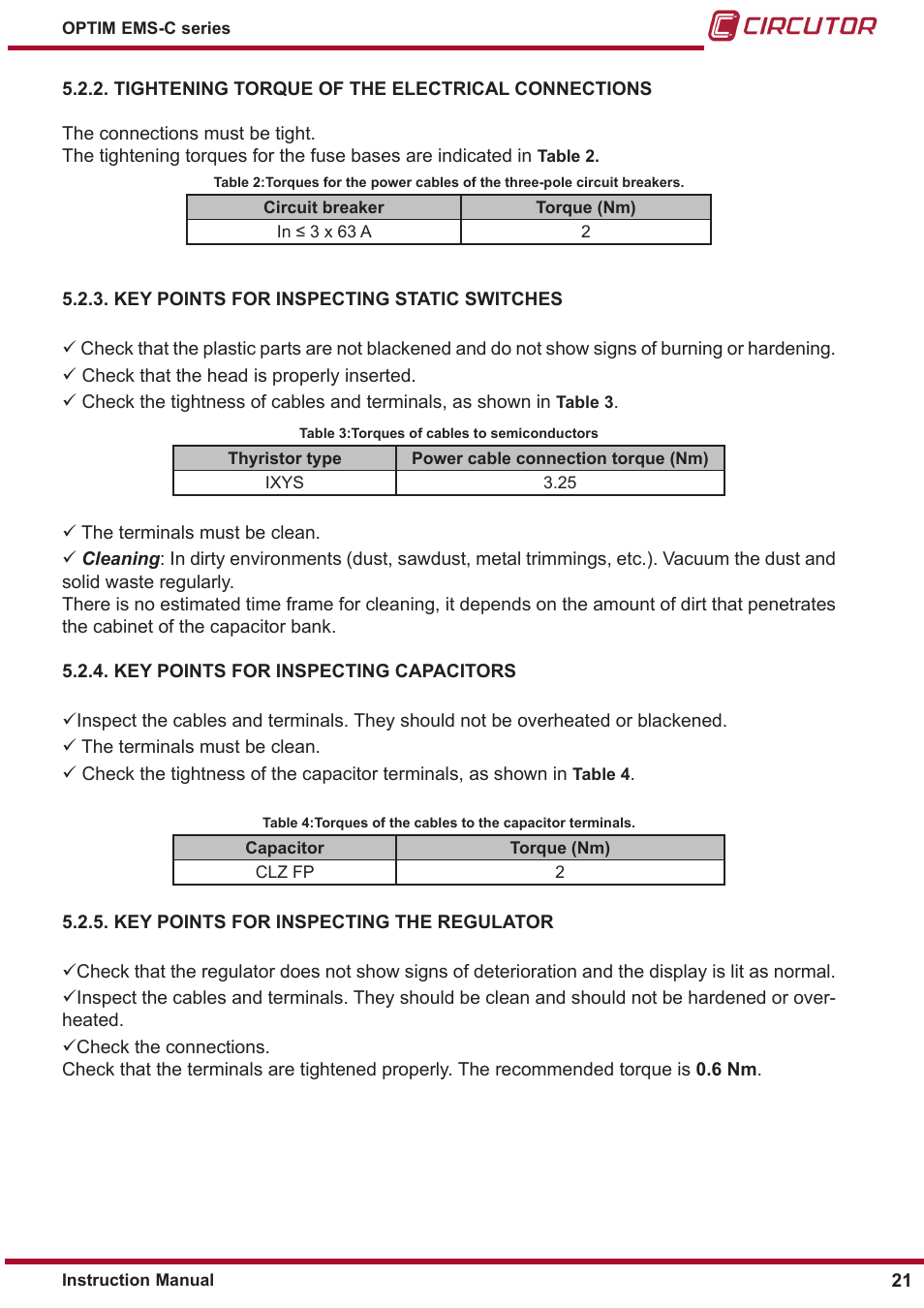 Key points for inspecting the regulator, Key points for inspecting capacitors, Key points for inspecting static switches | Tightening torque of the electrical connections | CIRCUTOR OPTIM-EMS-C Series User Manual | Page 21 / 28