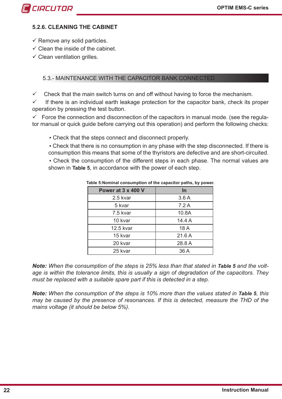 Cleaning the cabinet, Maintenance with the capacitor bank connected | CIRCUTOR OPTIM-EMS-C Series User Manual | Page 22 / 28