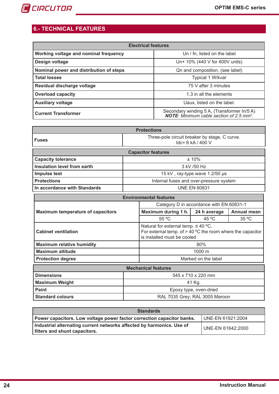 Technical features | CIRCUTOR OPTIM-EMS-C Series User Manual | Page 24 / 28