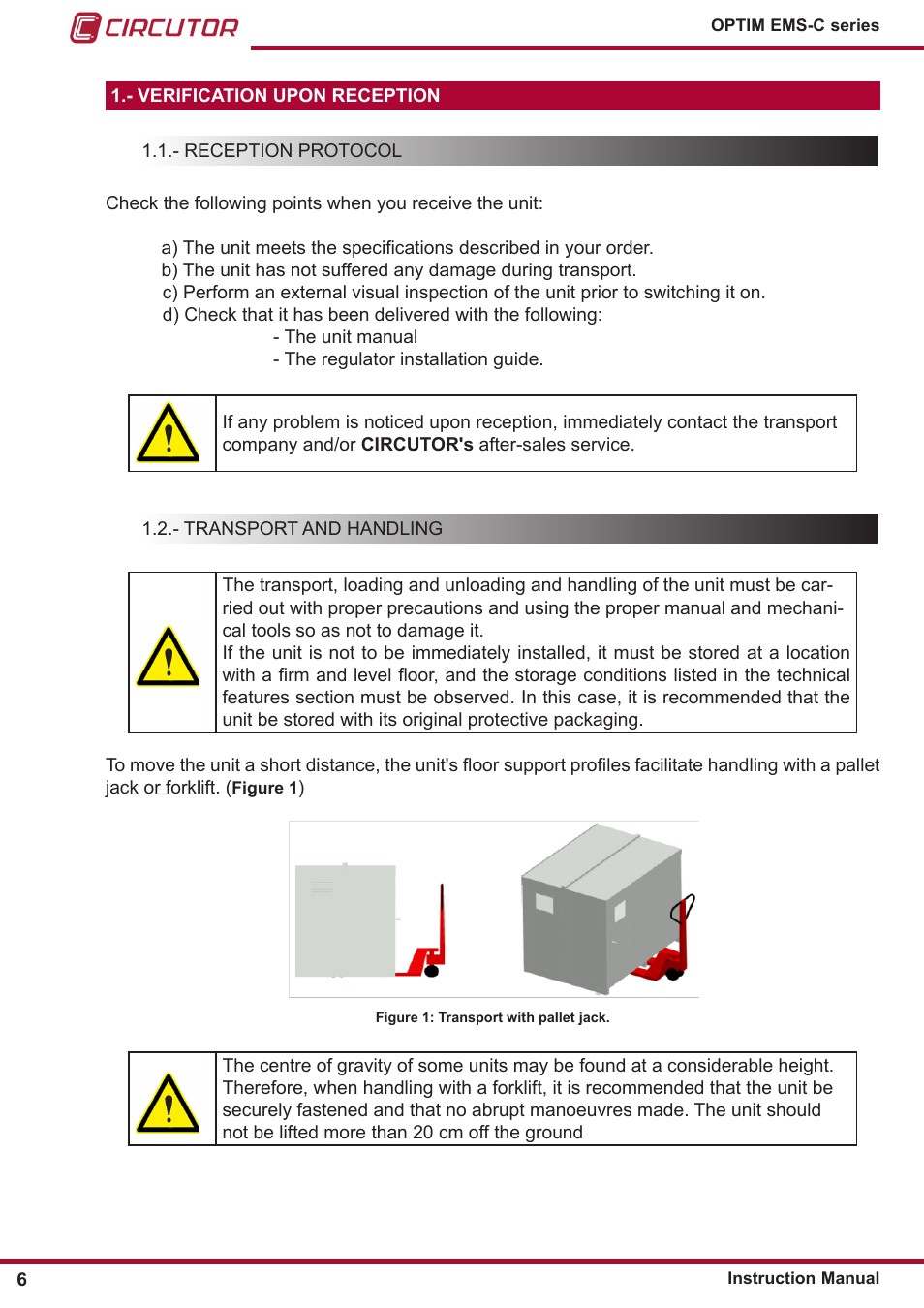 Reception protocol, Transport and handling | CIRCUTOR OPTIM-EMS-C Series User Manual | Page 6 / 28