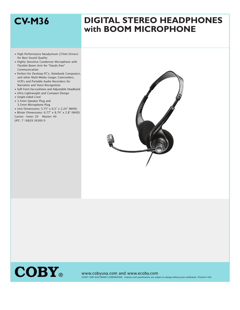 COBY CV M36 User Manual | 1 page