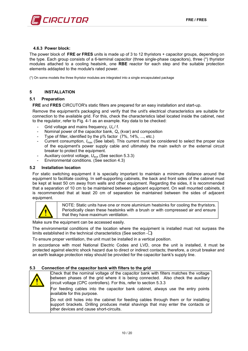 3 power block, 5 installation, 1 preparation | 2 installation location, Installation, Reparation, Nstallation location | CIRCUTOR FRE Series User Manual | Page 10 / 20