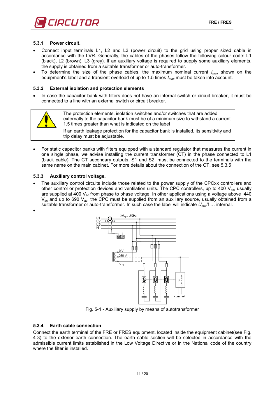 1 power circuit, 2 external isolation and protection elements, 3 auxiliary control voltage | 4 earth cable connection, N 5.3.3), On 5.3.3 | CIRCUTOR FRE Series User Manual | Page 11 / 20