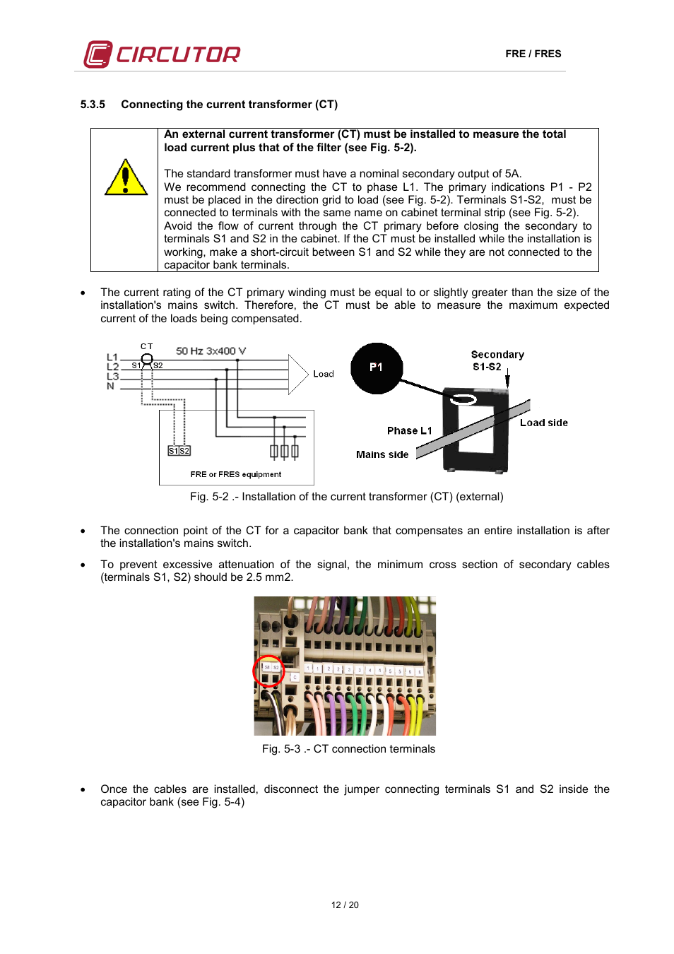 5 connecting the current transformer (ct) | CIRCUTOR FRE Series User Manual | Page 12 / 20