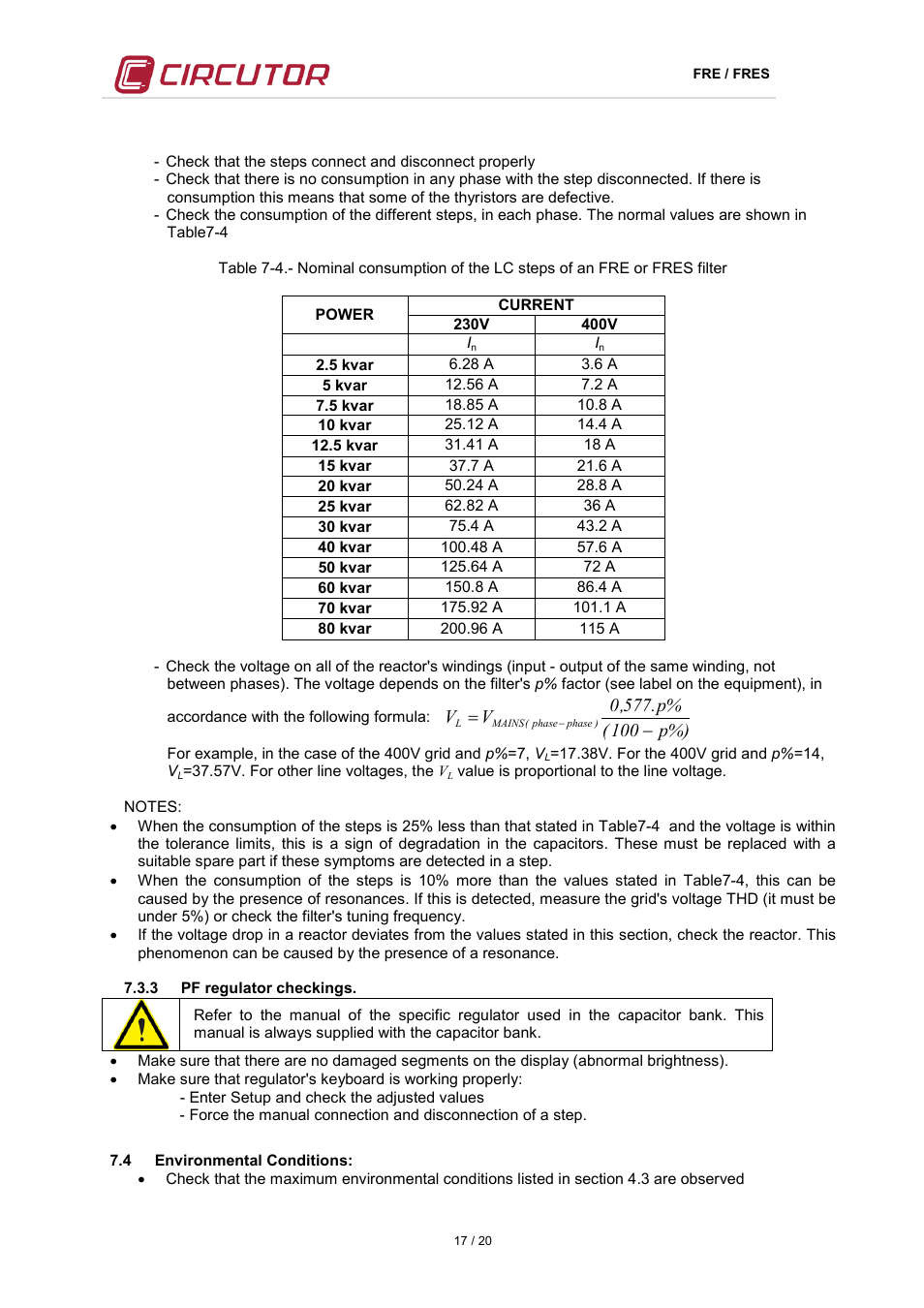 4 environmental conditions, Nvironmental, Onditions | N table7-4 | CIRCUTOR FRE Series User Manual | Page 17 / 20