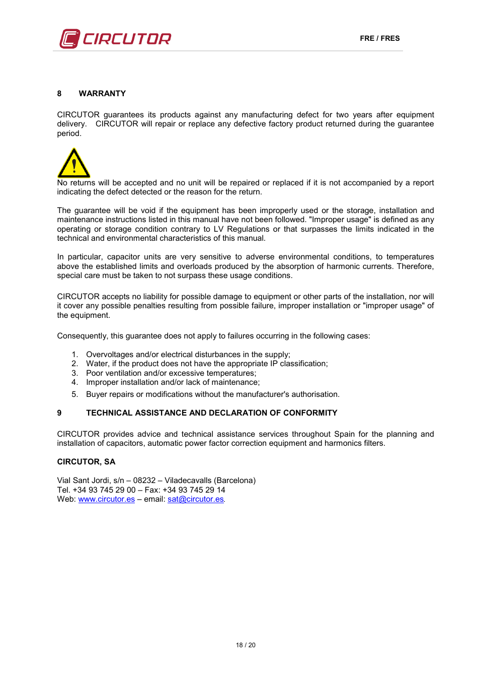 8 warranty, Warranty, Technical assistance and declaration of conformity | CIRCUTOR FRE Series User Manual | Page 18 / 20
