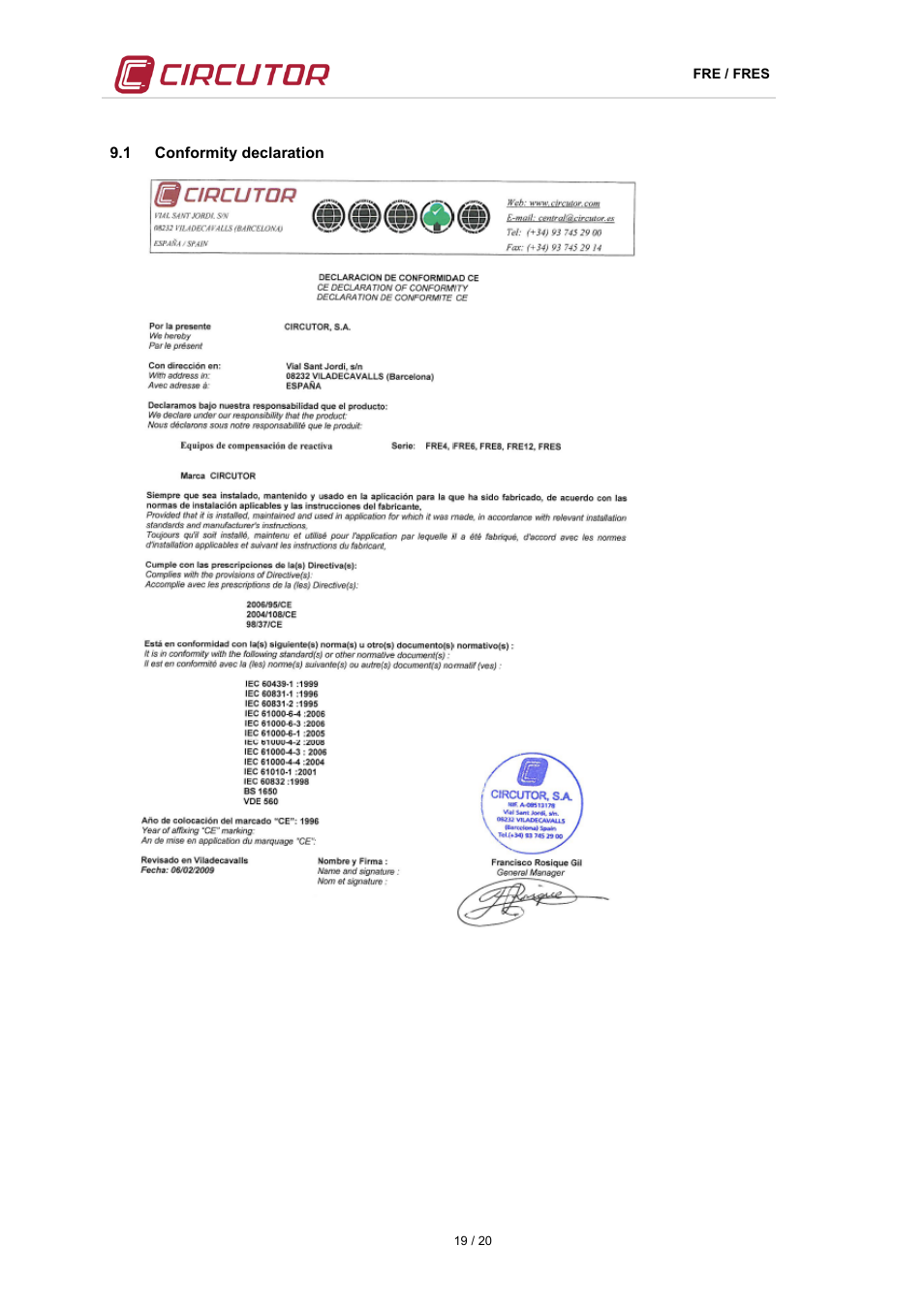 1 conformity declaration, Onformity declaration | CIRCUTOR FRE Series User Manual | Page 19 / 20