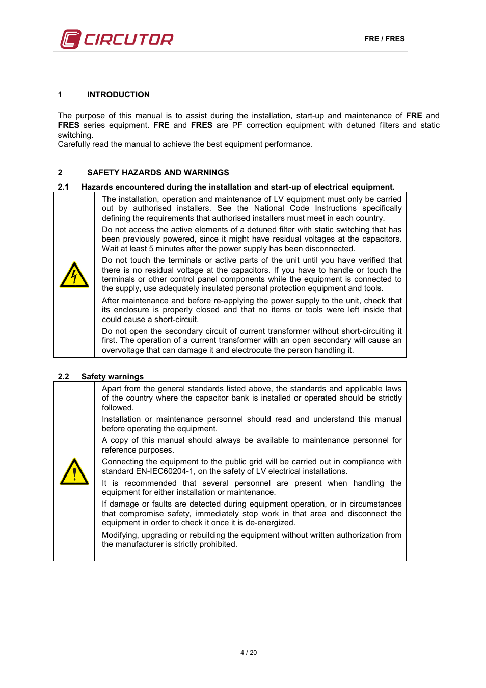 1 introduction, 2 safety hazards and warnings, 2 safety warnings | Introduction, Safety hazards and warnings, Up of electrical equipment, Afety warnings | CIRCUTOR FRE Series User Manual | Page 4 / 20