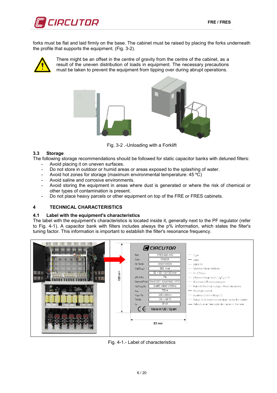 3 storage, 4 technical characteristics, 1 label with the equipment's characteristics | Torage, Technical characteristics, Abel with the equipment, S characteristics | CIRCUTOR FRE Series User Manual | Page 6 / 20