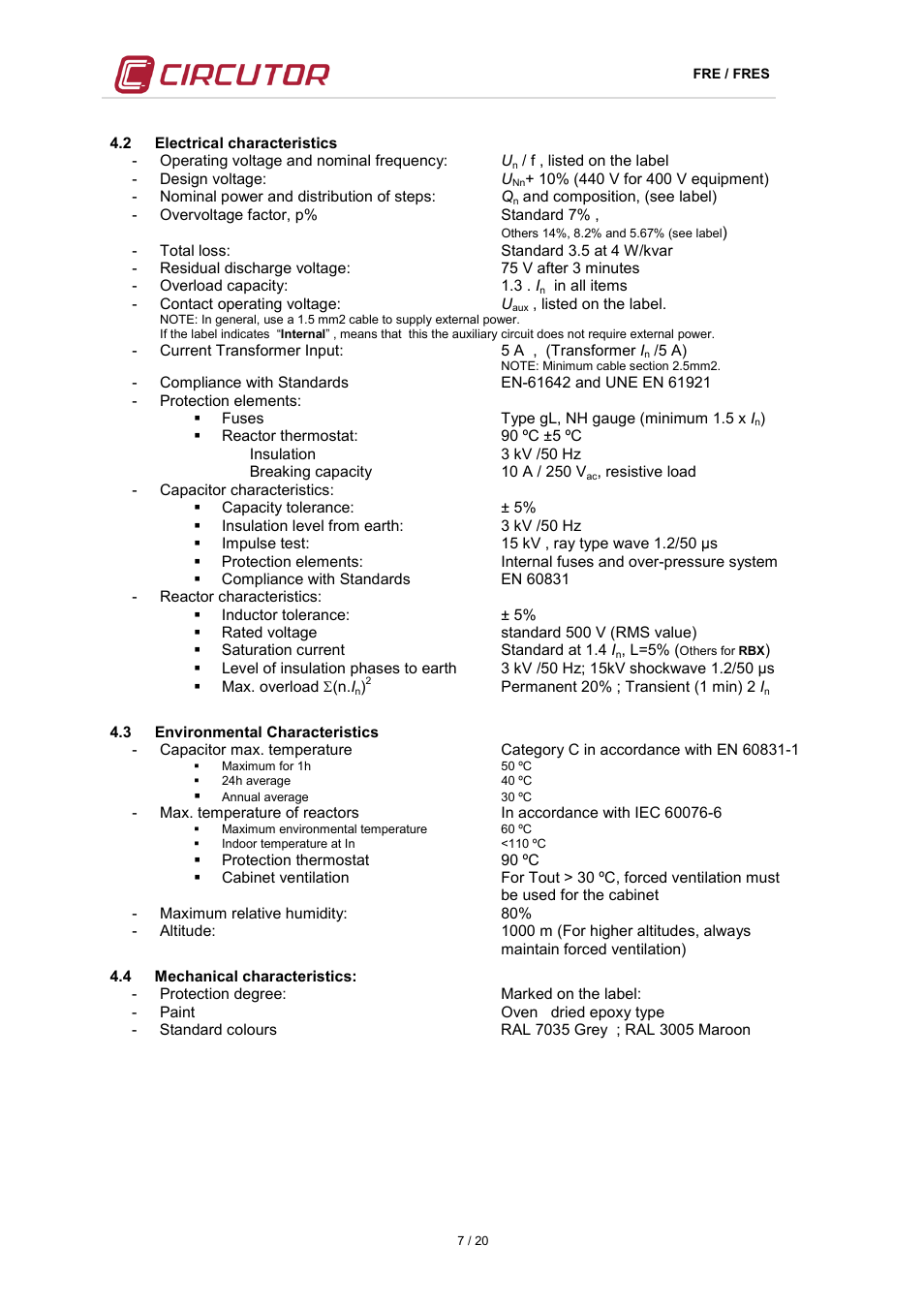 2 electrical characteristics, 3 environmental characteristics, 4 mechanical characteristics | Lectrical characteristics, Nvironmental, Haracteristics, Echanical characteristics | CIRCUTOR FRE Series User Manual | Page 7 / 20