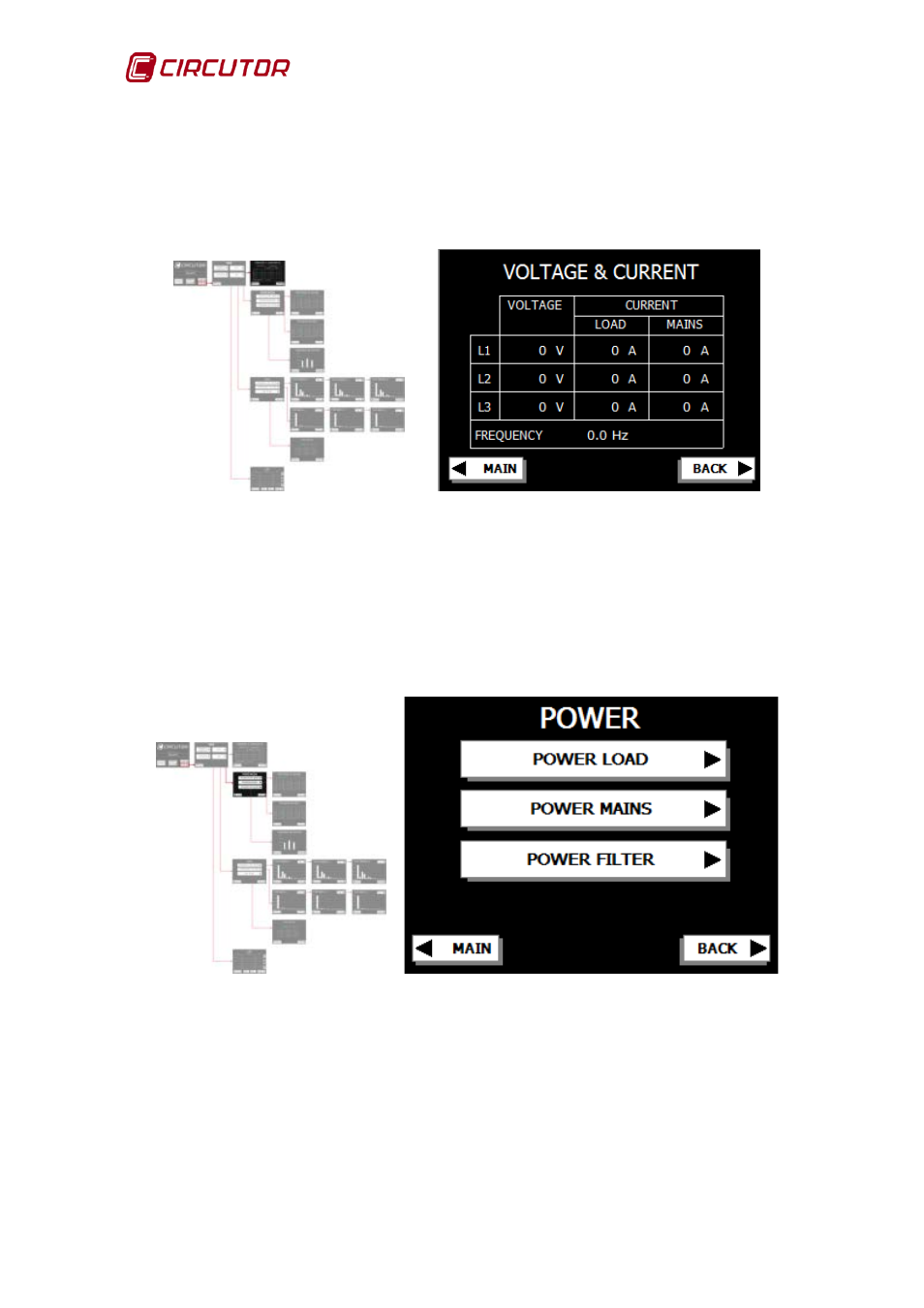 Voltage and current display screen, General power screen | CIRCUTOR AFQ Series User Manual | Page 40 / 106