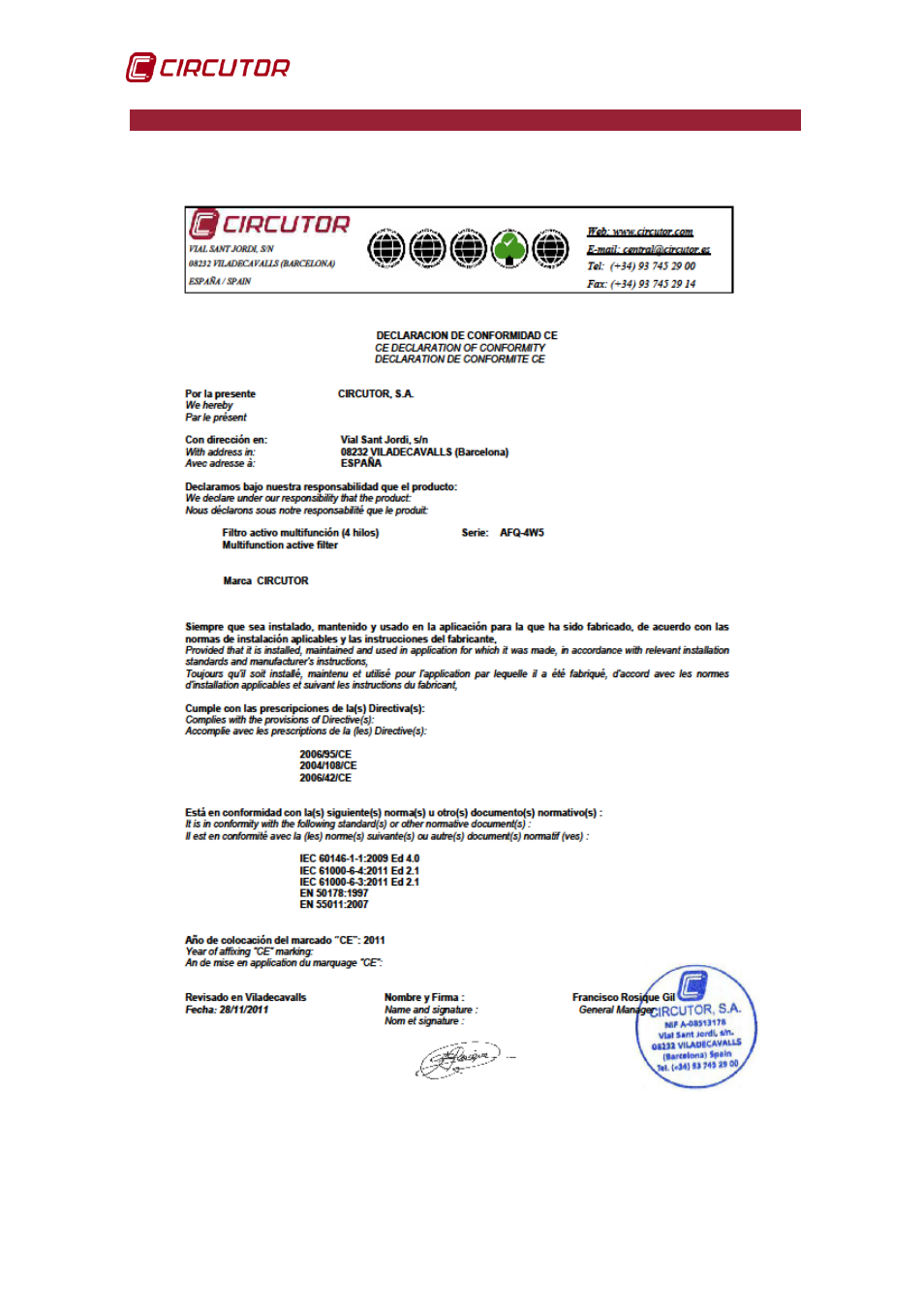 Ce certificate | CIRCUTOR AFQ Series User Manual | Page 90 / 106