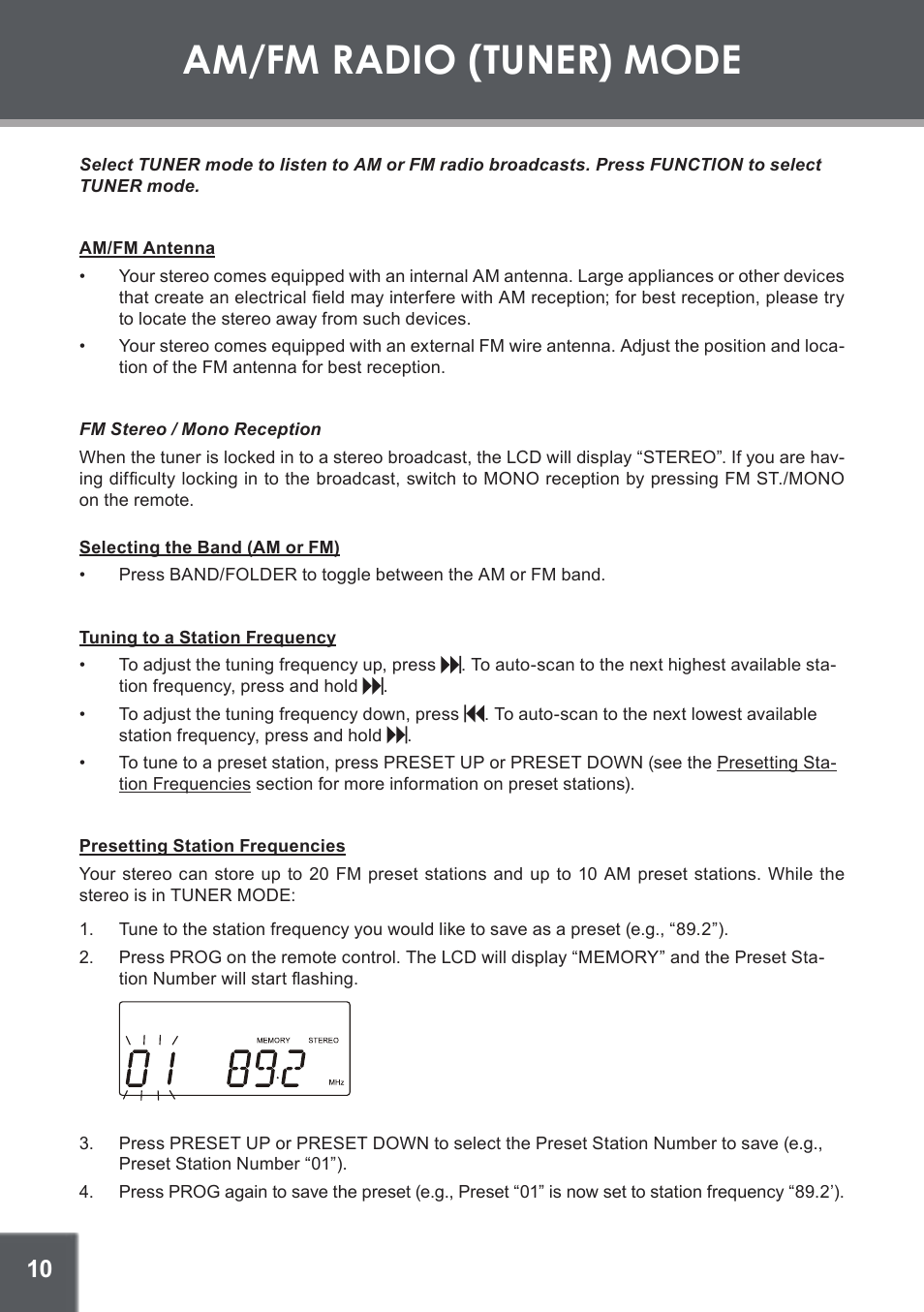 Am/fm radio (tuner) mode, Am/fm antenna, Selecting the band (am or fm) | Tuning to a station frequency, Presetting station frequencies | COBY electronic CX-266 User Manual | Page 10 / 24