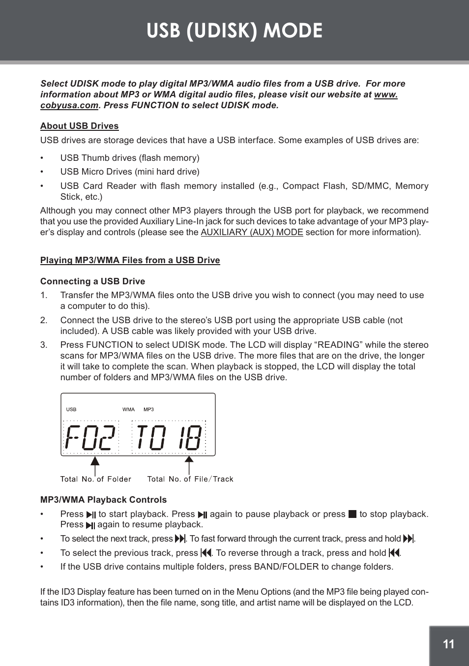 Usb (udisk) mode, About usb drives, Playing mp3/wma files from a usb drive | Connecting a usb drive, Mp3/wma playback controls | COBY electronic CX-266 User Manual | Page 11 / 24