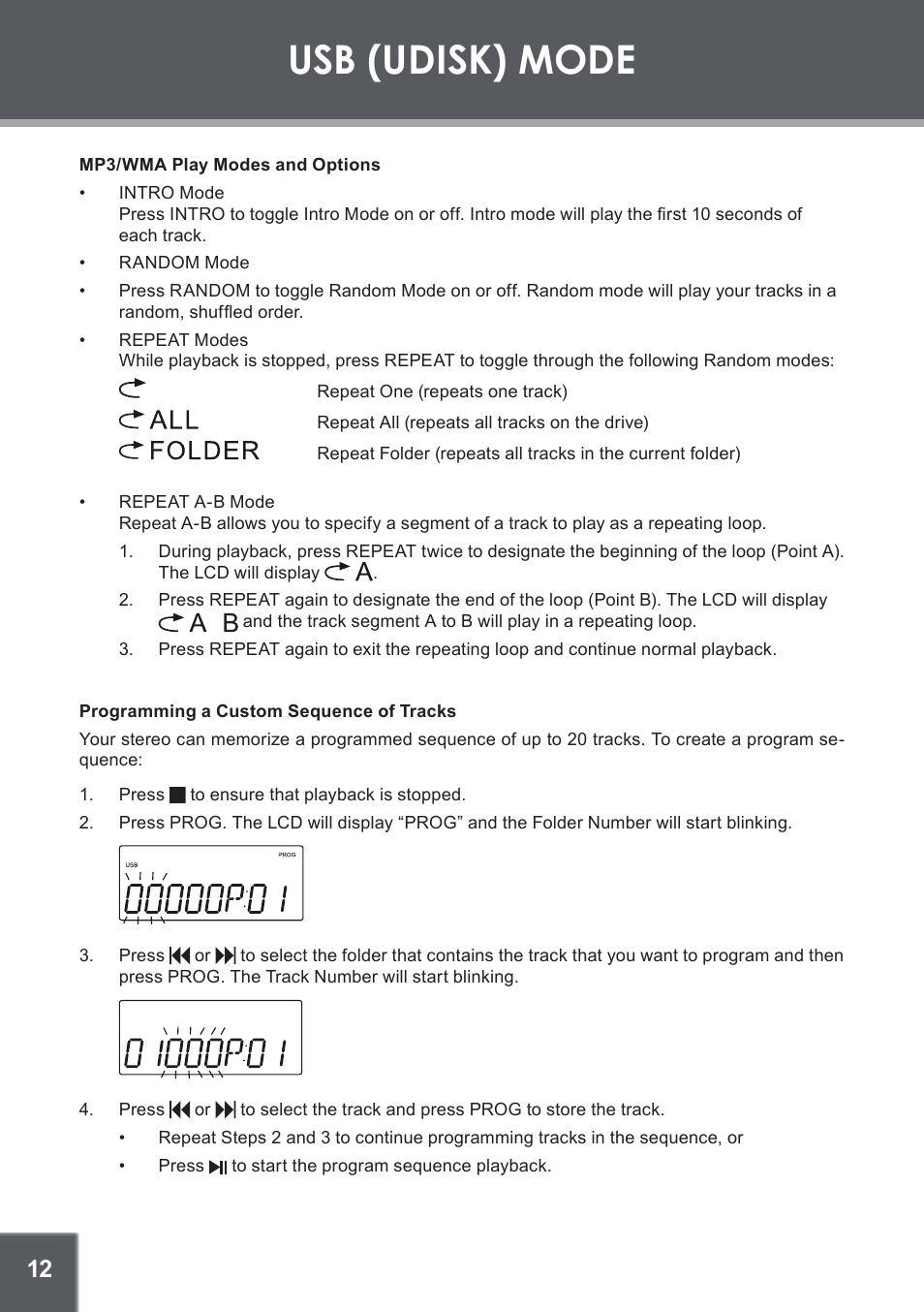 Mp3/wma play modes and options, Programming a custom sequence of tracks, Usb (udisk) mode | COBY electronic CX-266 User Manual | Page 12 / 24