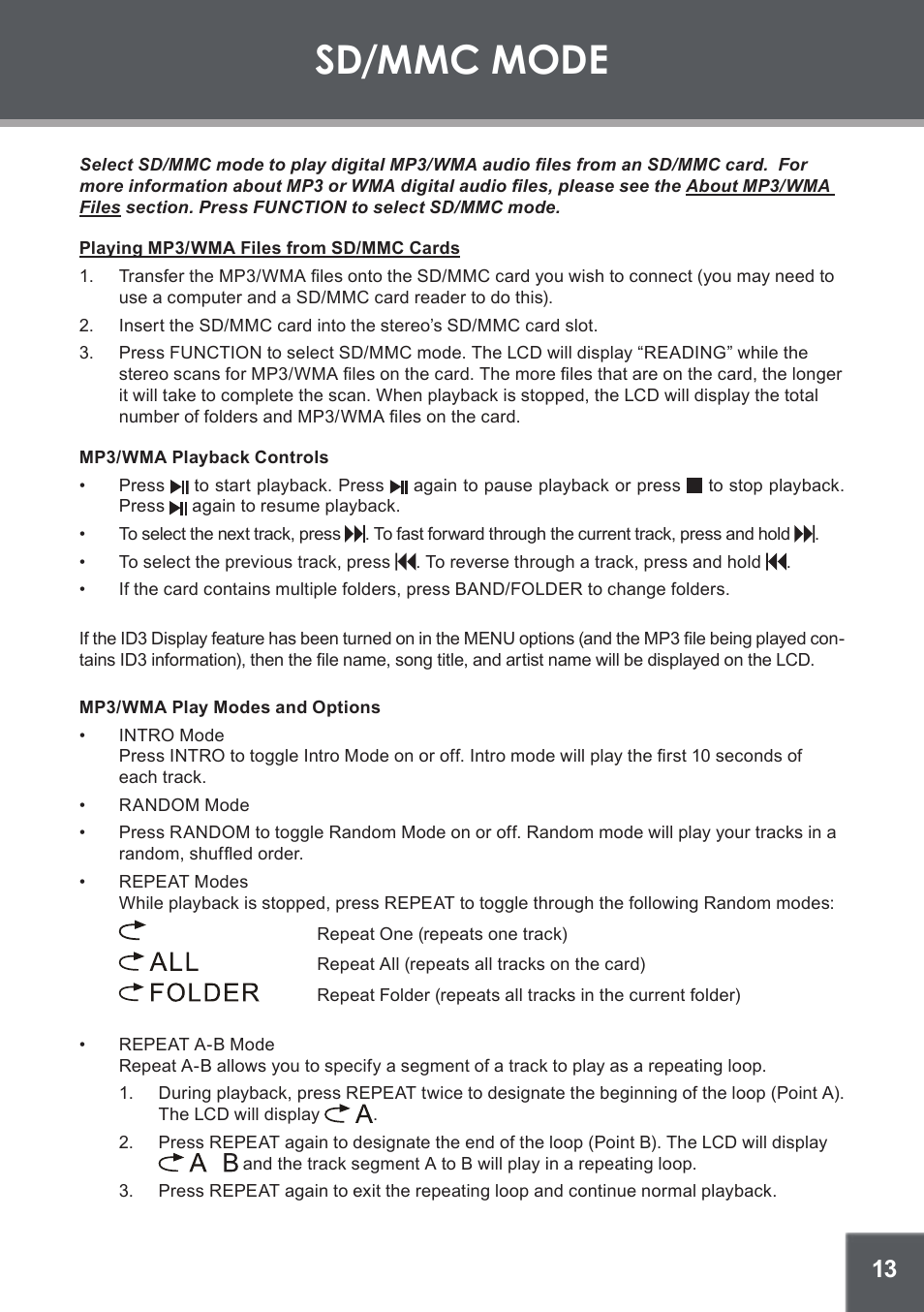 Sd/mmc mode, Playing mp3/wma files from sd/mmc cards, Mp3/wma playback controls | Mp3/wma play modes and options | COBY electronic CX-266 User Manual | Page 13 / 24