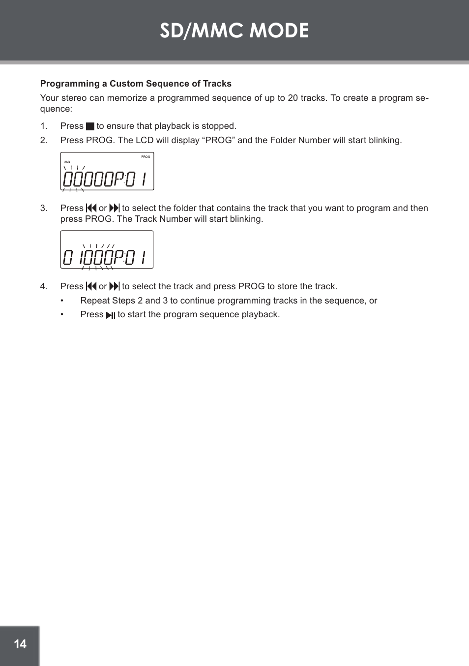 Programming a custom sequence of tracks, Sd/mmc mode | COBY electronic CX-266 User Manual | Page 14 / 24