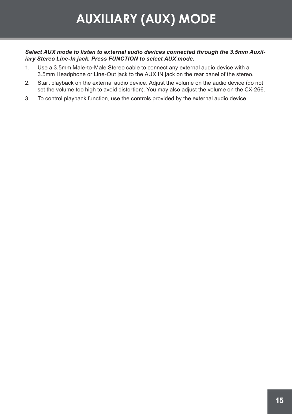 Auxiliary (aux) mode | COBY electronic CX-266 User Manual | Page 15 / 24