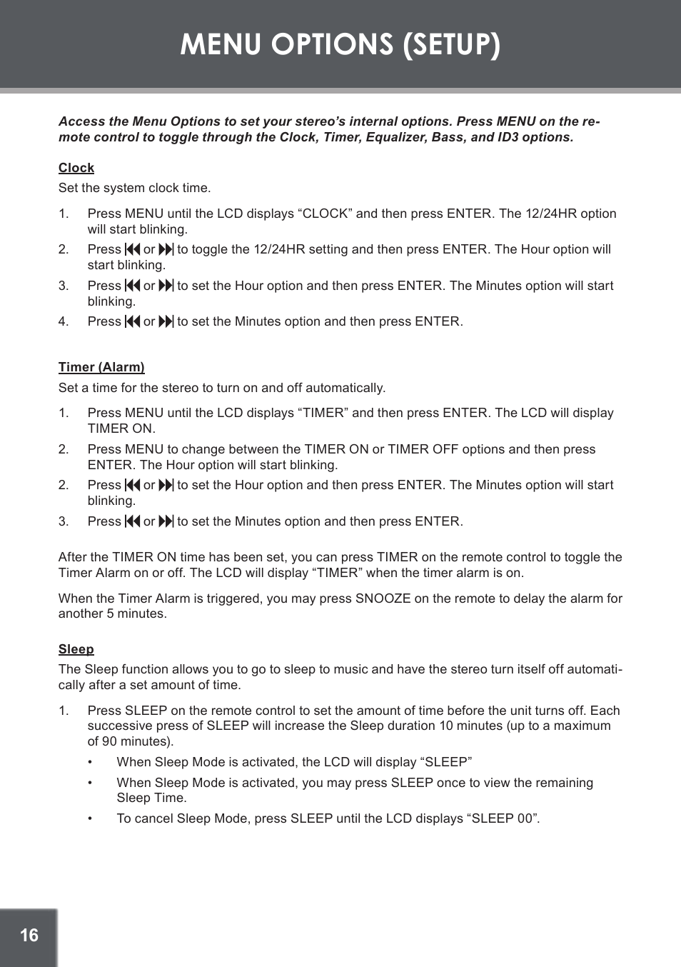 Menu options (setup), Clock, Timer (alarm) | Sleep | COBY electronic CX-266 User Manual | Page 16 / 24