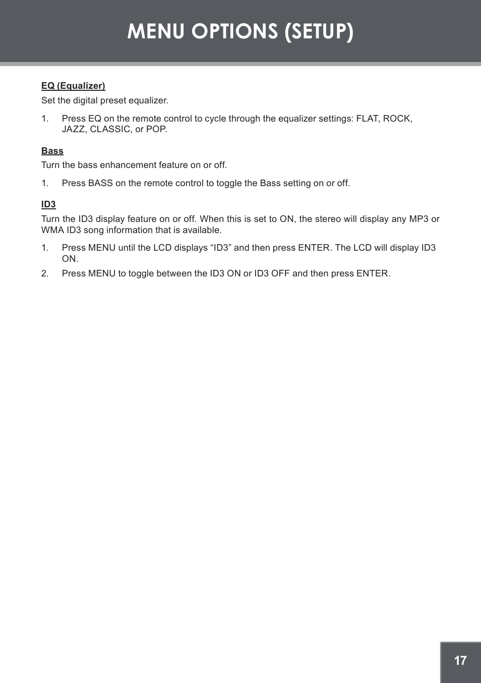 Eq (equalizer), Bass, Menu options (setup) | COBY electronic CX-266 User Manual | Page 17 / 24